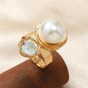 Gold Pearl & Crystal Adjustable Ring | Elegant Open Wrap Design Jewelry